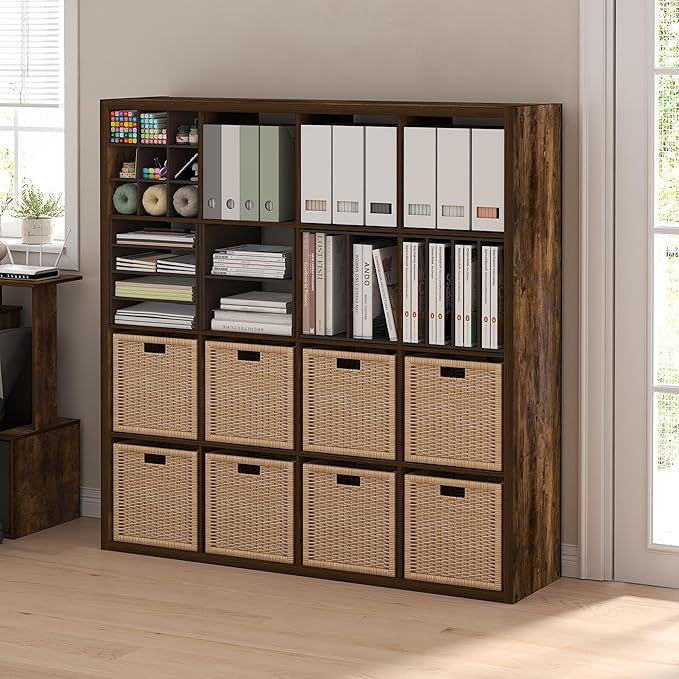 Furinno Cubicle Book Shelf, 16-Cube Bookshelf, Extra Thick Frame Reversible Bookcase with Open Back, 14.6" x 58" x 58", for L