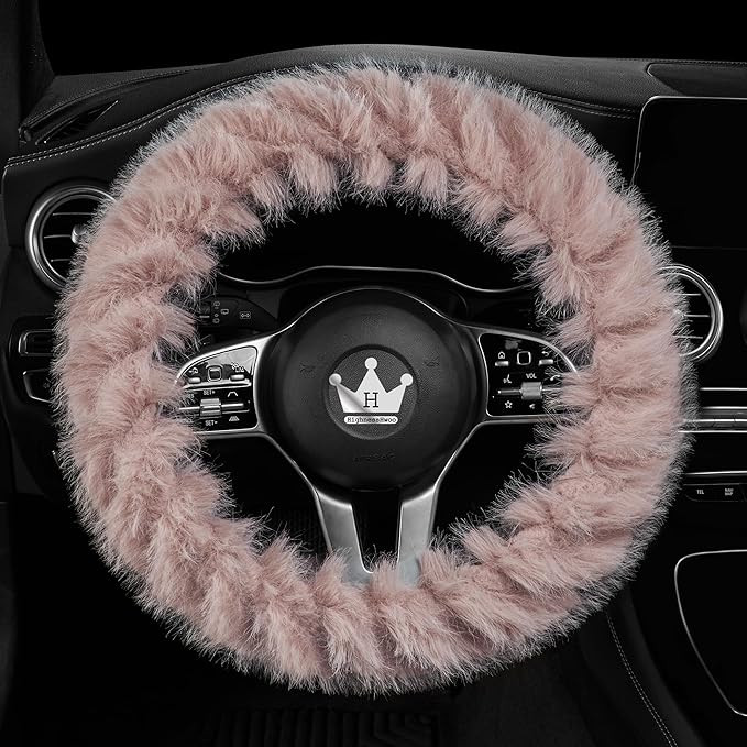 Fuzzy Winter Steering Wheel Covers for Women, Warm Cute Fluffy Car Wheel Cover for F150, Trucks, Jeep, Van, Soft Furry Auto Plush Large Car Handle Cover for Cold Weather, 15.2-16in, Pink