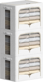 FHSQX 3 Pack Clothes Storage Bins Foldable Metal Frame Storage Box Stackable Linen Fabric Container Organizer Set with Carryi