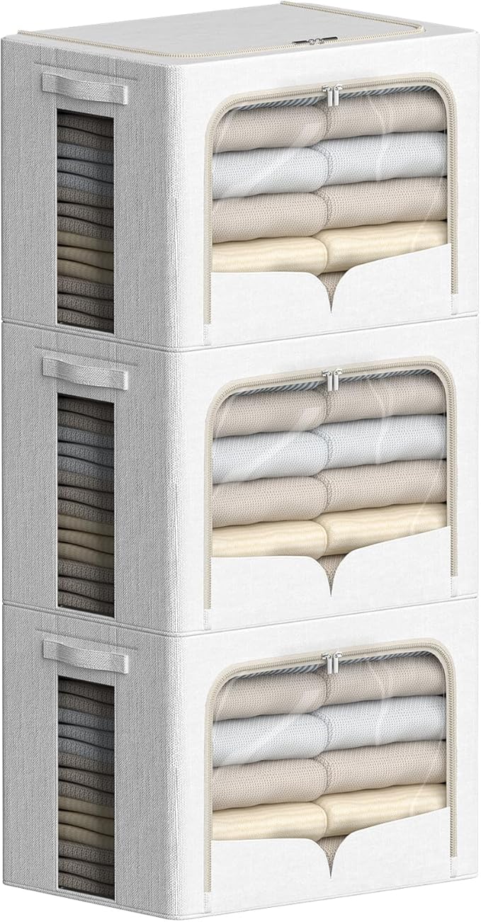 FHSQX 3 Pack Clothes Storage Bins Foldable Metal Frame Storage Box Stackable Linen Fabric Container Organizer Set with Carryi