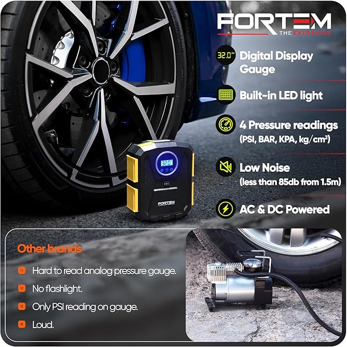 FORTEM Tire Inflator Portable Air Compressor, Air Pump for Car Tires and Bikes, Car Tire Pump w/Auto Shut Off, 150 PSI, 110V AC 12V DC, LED Light, Carrying Case, for Men, Women