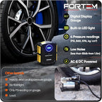 FORTEM Tire Inflator Portable Air Compressor, Air Pump for Car Tires and Bikes, Car Tire Pump w/Auto Shut Off, 150 PSI, 110V AC 12V DC, LED Light, Carrying Case, for Men, Women