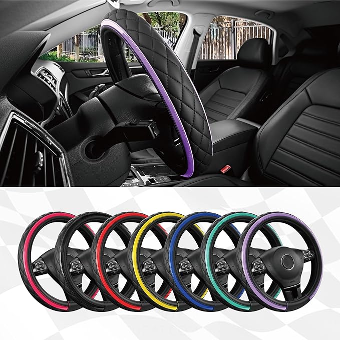 Road Comforts Leather Steering Wheel Cover – Black & Purple, Universal Fit 14.5-15 Inch, Microfiber Leather, Anti-Slip & Brea