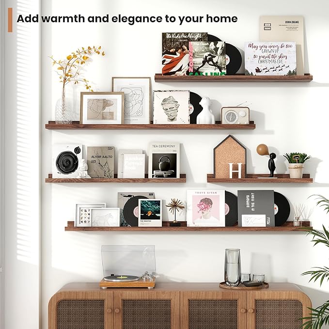 Fun Memories Picture Ledge Shelves Set of 2, 24 Inch Rustic Wall Mounted Floating Shelves with Lip for Home Storage and Décor
