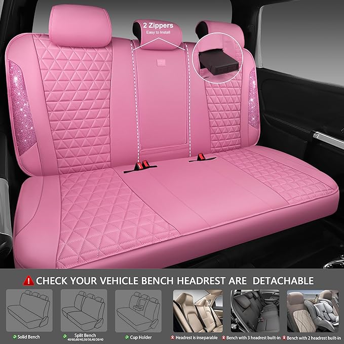 CAR PASS Bling Diamond Pink Leather Car Seat Covers Full Sets Interior Sets, Waterproof Shining Glitter Sparkly Crystal Unive