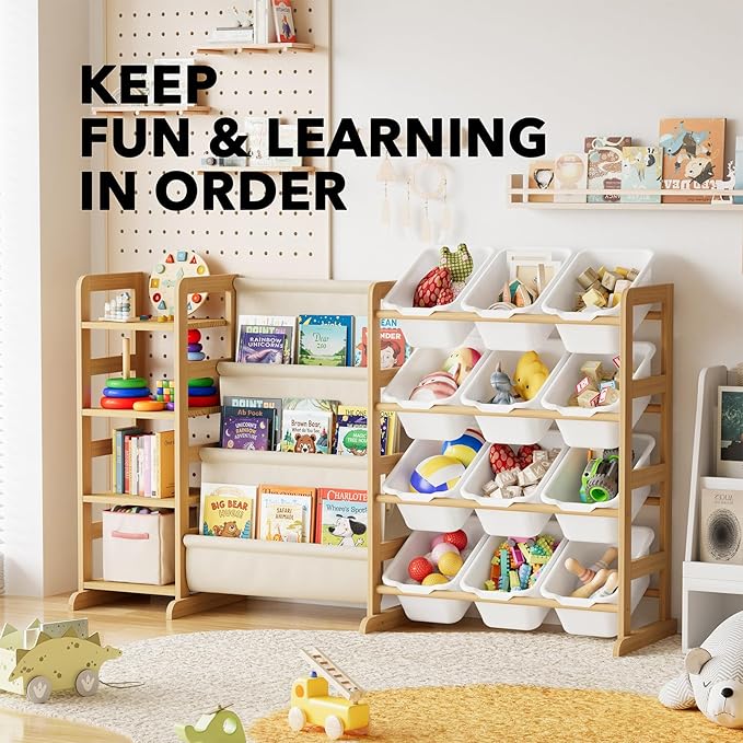 SpaceAid 3-in-1 Toy Storage Organizer with 4 Shelves and 12 Bins, Toy Organizers Storage 3-Tier Bookshelf, Kids Bin Shelf Box