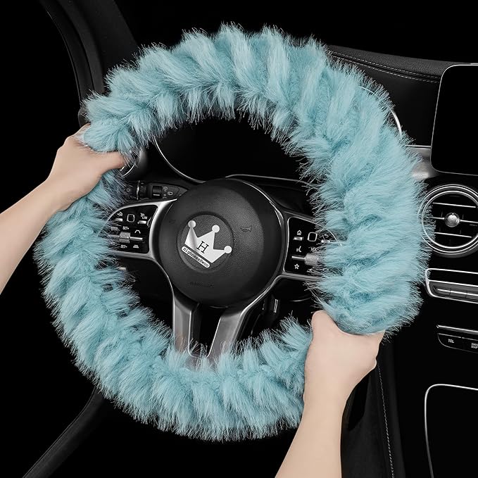 Fuzzy Winter Steering Wheel Covers for Women, Warm Cute Fluffy Car Wheel Cover for F150, Trucks, Jeep, Van, Soft Furry Auto Plush Large Car Handle Cover for Cold Weather, 15.2-16in, Green