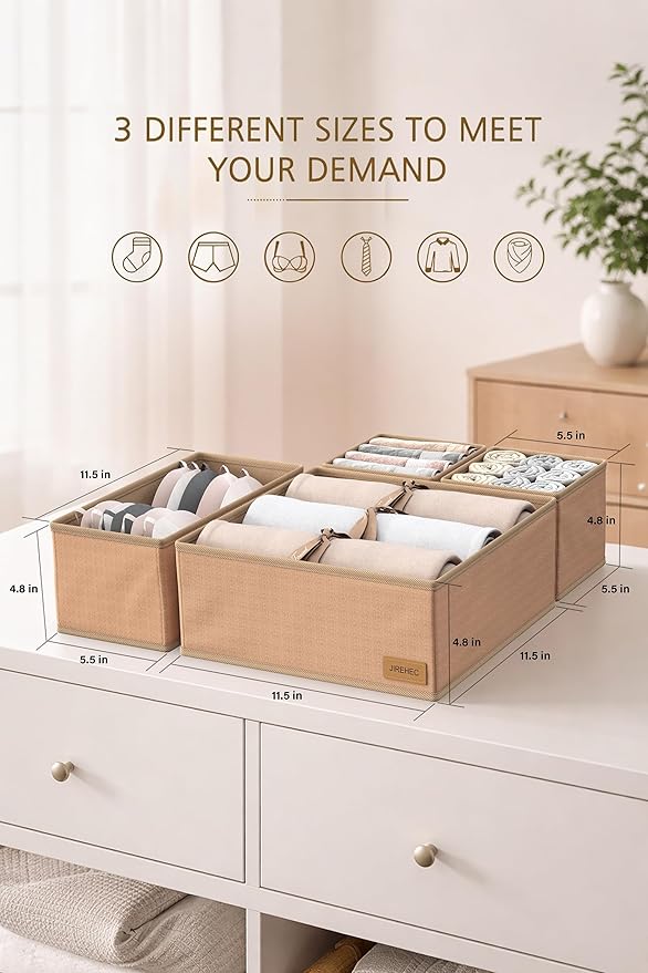 Clothes Organizer, Transform Your Drawers in Seconds - Cream Set of 6 Foldable Storage Boxes with Zipper, Durable 600D Fabric