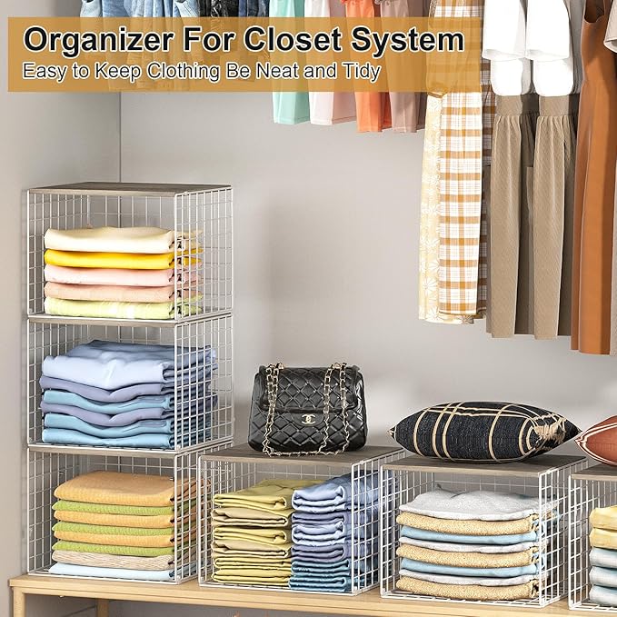 6 Pack Closet Organizers And Storage, Stackable Closet Shelf Organizer Storage Bin Basket For Clothes Sweaters With Top Board