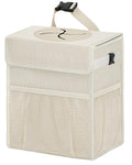 Corduroy Car Trash Can with Lid and Mesh Pockets - Leakproof Organizer,Multipurpose Waterproof Garbage Can/Trash Bin for Car(Off-White-2 Gallons)