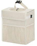 Corduroy Car Trash Can with Lid and Mesh Pockets - Leakproof Organizer,Multipurpose Waterproof Garbage Can/Trash Bin for Car(Off-White-2 Gallons)