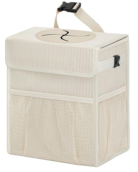 Corduroy Car Trash Can with Lid and Mesh Pockets - Leakproof Organizer,Multipurpose Waterproof Garbage Can/Trash Bin for Car(Off-White-3 Gallons)
