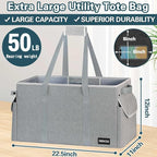Standing Extra Large Utility Tote Bag with Hard Bottom & Hard Sides, Heavy Duty Reusable Grocery Bags with Handles & 3 Pockets for Shopping, Beach, Picnics, Car (22.5"x11"x12", Grey)