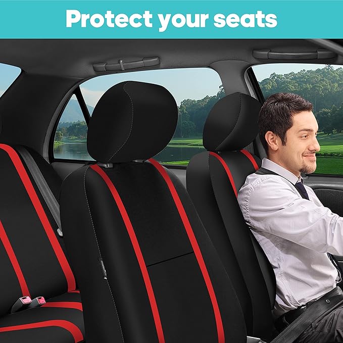 FH Group Unique Flat Cloth Full Set Car Seat Covers w. Silicone Steering Wheel Cover- Universal Fit for Most Cars, Trucks, SUVs or Vans (Red/Black)