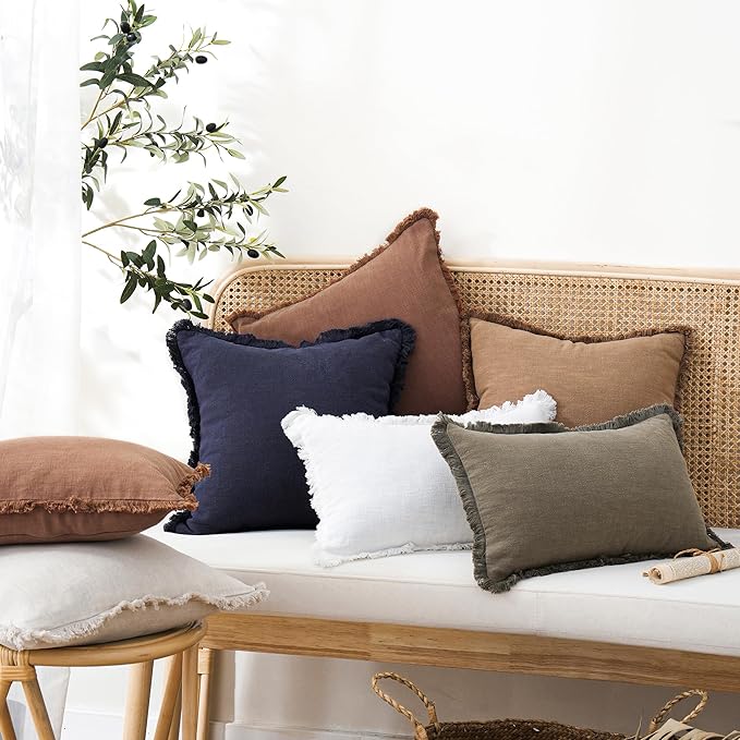Foindtower Set of 2 Decorative Linen Fringe Throw Pillow Covers Cozy Boho Farmhouse Cushion Cover with Tassels Soft Accent Pi