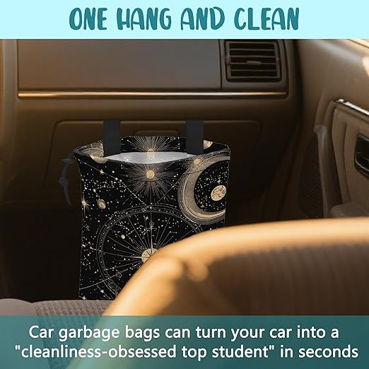 Car Trash Bag Vintage Astrology Planets Leak-Proof Car Garbage Bag with Drawstring Foldable Canvas Trash Bin with Adjustable Buckle for Car Accessories, Travelling, Camping