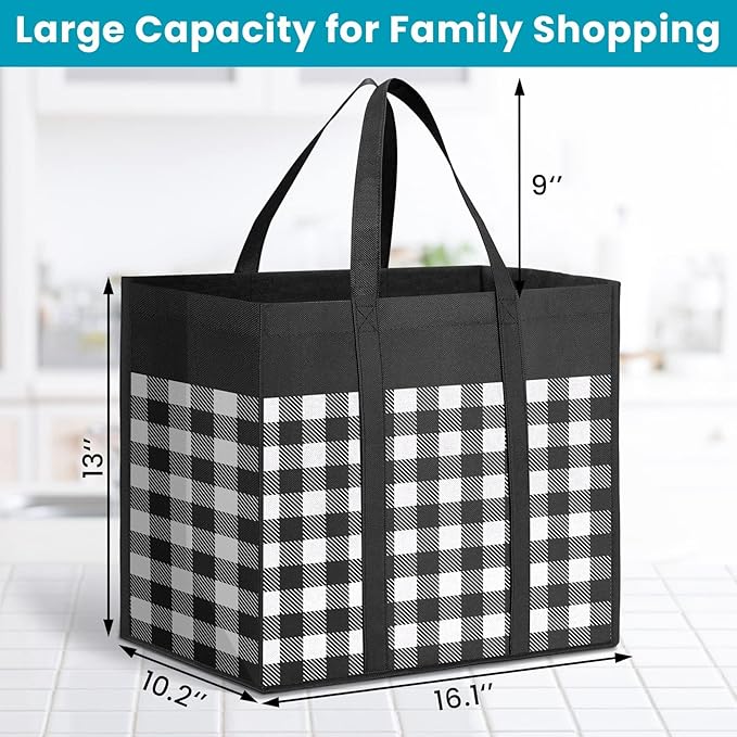 WOWBOX Reusable Grocery Bags,4-Pack, Foldable Reusable Shopping Tote Bags bulk with Reinforced Handles,Large Storage Bags with Water Resistant Coating for Groceries,Multipurpose,Black-White
