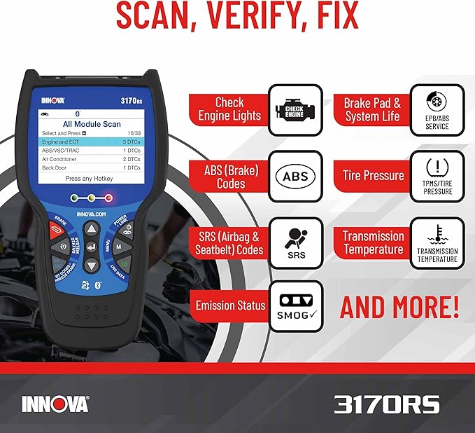 INNOVA 3170RS OBD1 & OBD2 Scanner, ABS Bleeder Scan Tool, OBD2 Diagnostic, Caliper Service, Brake Pad Life, Read/Erase ABS/SRS