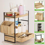 2-Tier Bathroom Counter Organizer with Drawer and Basket, Wood Countertop Organizer for Storage, Skincare Organizers for Vani