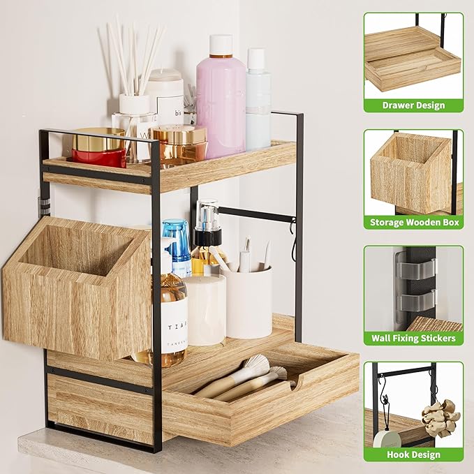 2-Tier Bathroom Counter Organizer with Drawer and Basket, Wood Countertop Organizer for Storage, Skincare Organizers for Vani