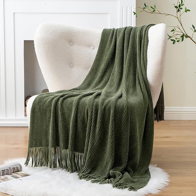 BATTILO HOME Olive Green Throw Blanket for Couch, Soft Chenille Knit Throws with Tassels for Home Decor, Green Blankets and T