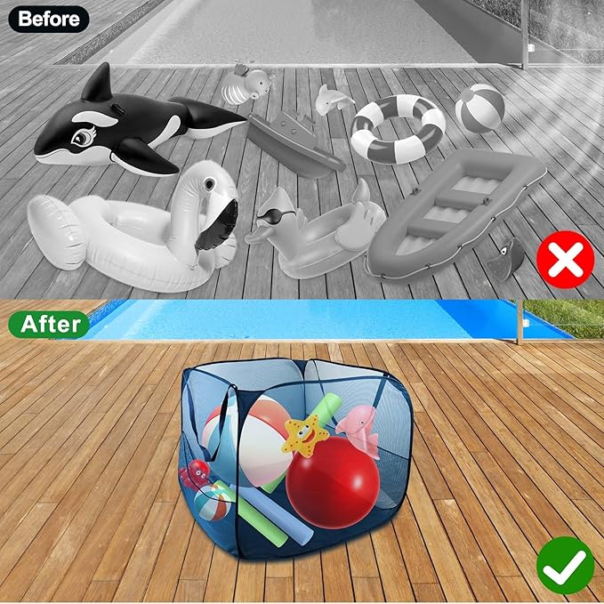 Pop up Pool Toy Storage Bin,22"X22"X22"Pool Float Organizer Bag with 2 Side Pockets Mesh Swimming Pool Toys Organizer with 4 