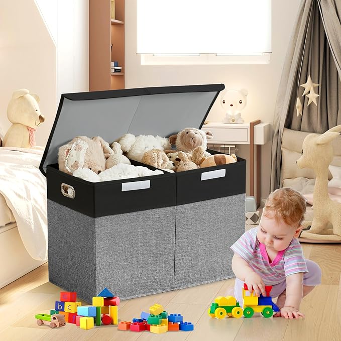 Large Toy Storage Box with Lid, Collapsible Toys Storage Organizer Bins with Dividers and Handles, Storage Chest Bin for Kids