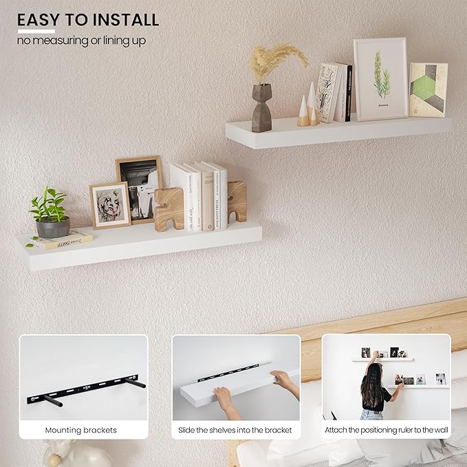 Vivelove Wooden Floating Shelves for Wall 24” x 8”x 1.4”, Solid Wood Shelf with Invisible Brackets, Deep Wall Shelves for Bat