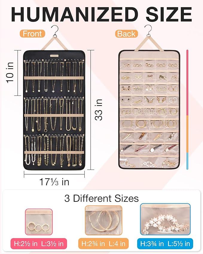 BAGSMART Hanging Jewelry Organizer Storage Roll with Hanger Metal Hooks Double-Sided Jewelry Holder for Earrings, Necklaces, 
