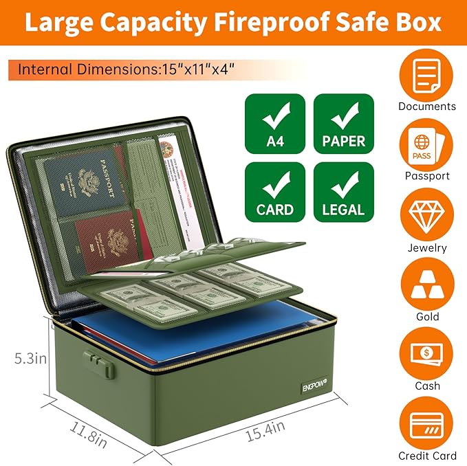 ENGPOW Fireproof Document Box, Hard Fireproof Box with Fireproof Zipper＆Lock, 6400°F Heat Insulated Fireproof Water Resistant