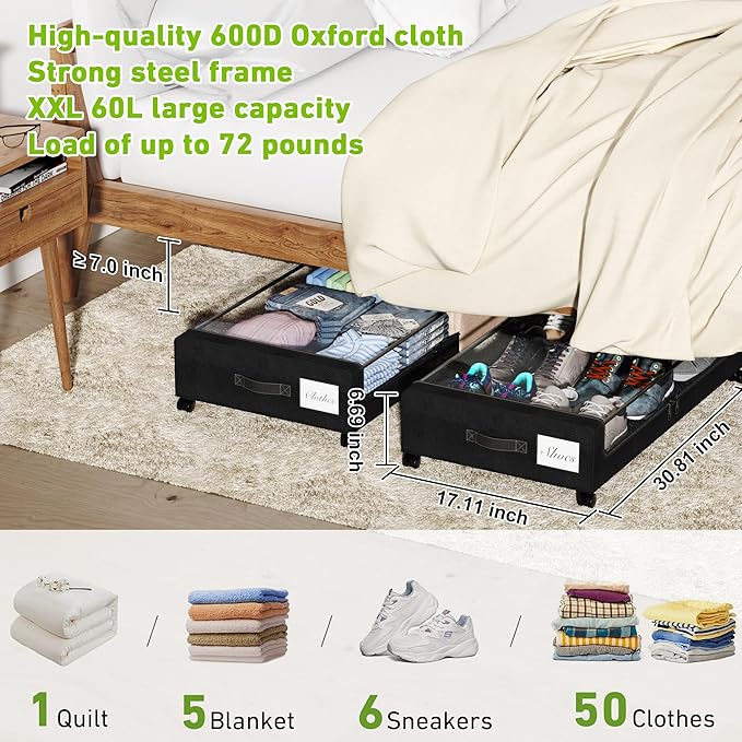 Under Bed Storage with Wheels, 2-Pack Under the Bed Storage Containers with Clear Lids & Label, Underbed Storage Bins, XXL 60