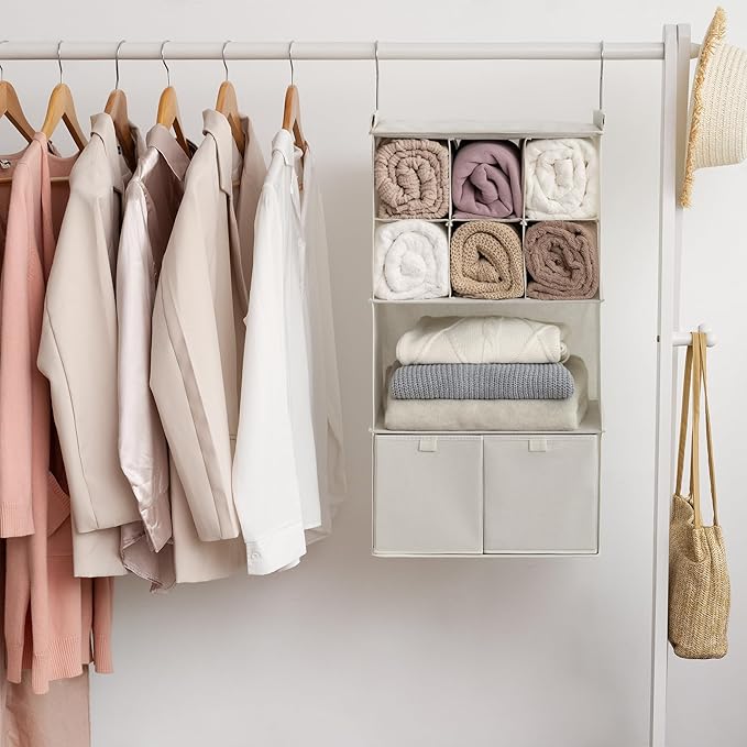 GRANNY SAYS Hanging Closet Organizer with Drawers, 4 Shelf Dividers Closet Hanging Organizer, Foldable Hanging Shelves for Cl