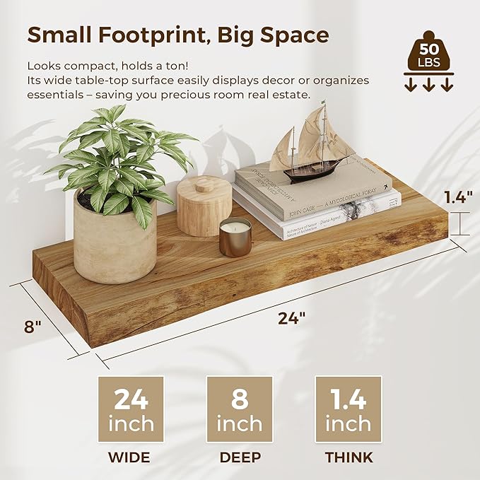 Dreamland 24 Inch Floating Shelves, Rustic Elm Wood Live Edge Wall Shelf for Home Decor, 8 Inch Deep Floating Shelf for Wall,