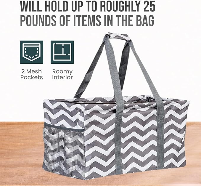 Extra Large Utility Tote Bag, Oversized Collapsible Reusable Wire Frame Rectangular Canvas Basket With Two Exterior Pockets For Beach, Pool, Laundry, Car Trunk, Storage - Geo Grey