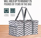 Extra Large Utility Tote Bag, Oversized Collapsible Reusable Wire Frame Rectangular Canvas Basket With Two Exterior Pockets For Beach, Pool, Laundry, Car Trunk, Storage - Geo Grey