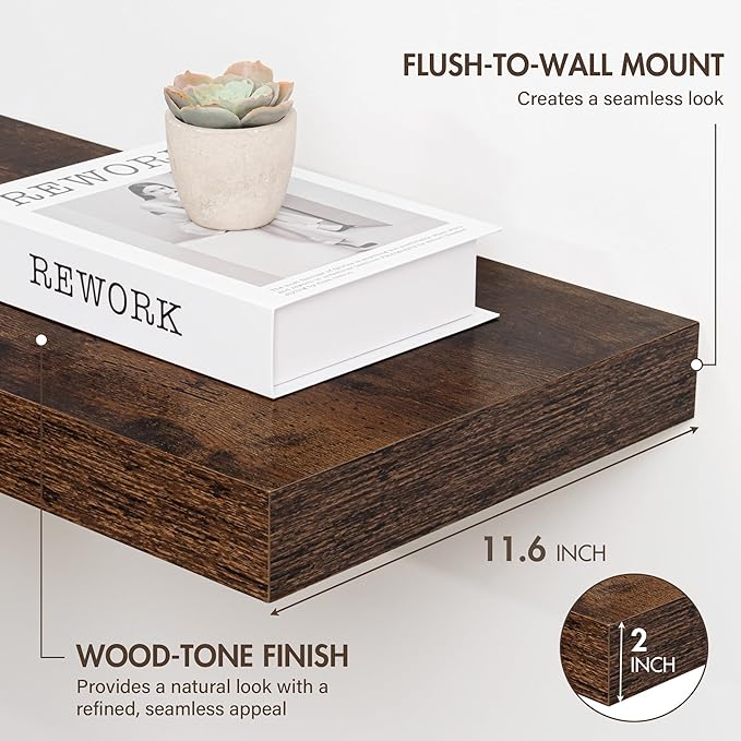 36 Inch Floating Shelves, 12" Deep Floating Shelf Wall Mounted, 36" Wall Shelves, Rustic Deep Bookshelf, Extra Deeper & Thick