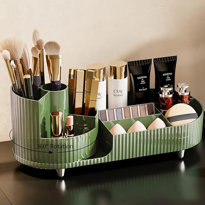 Rotating Makeup Organizer for Vanity with Brush Holder, Cosmetic Makeup Storage Organizer, Large Spinning Makeup Skincare Org