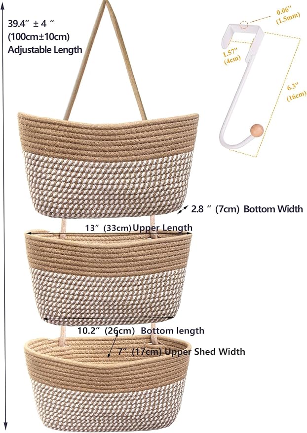 Over the Door Hanging Basket for Organizing 3 Tiers Woven Cotton Rope Wall Mount Storage basket Decorative Kitchen Hanging Or