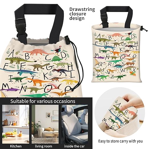 Car Trash Bag Large Hanging Can for Back of Seat, Cute Waterproof Car Garbage Bag for Vehicle, Travelling, Outdoor Cute Alphabet Dinosaur