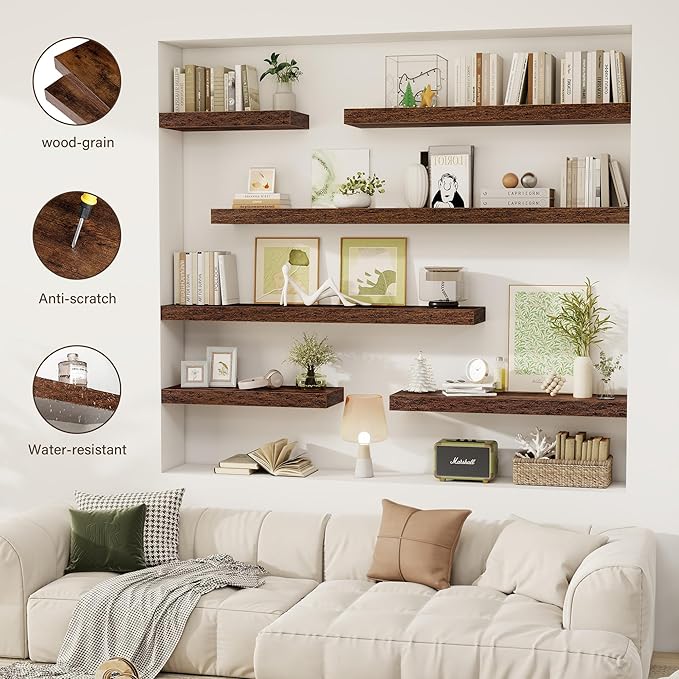 36 Inch Floating Shelves, 12" Deep Floating Shelf Wall Mounted, 36" Wall Shelves, Rustic Deep Bookshelf, Extra Deeper & Thick