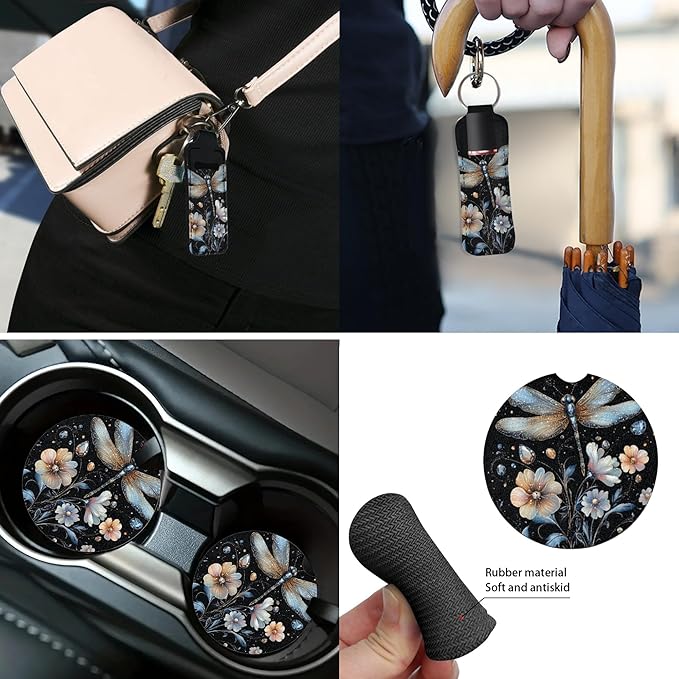 Dragonfly Car Seat Cover Full Set with Auto Steering Wheel Cover Seat Belt Strap Pads Cup Coasters Armrest Pad Floral Keychains Chapstick Holder Universal Fit, 13 PCS