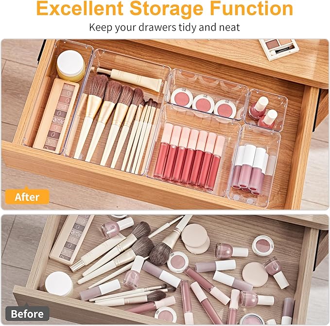 SMARTAKE 22-Piece Drawer Organizer with Non-Slip Silicone Pads, 5-Size Clear Desk Drawer Organizer Trays Storage Tray for Mak