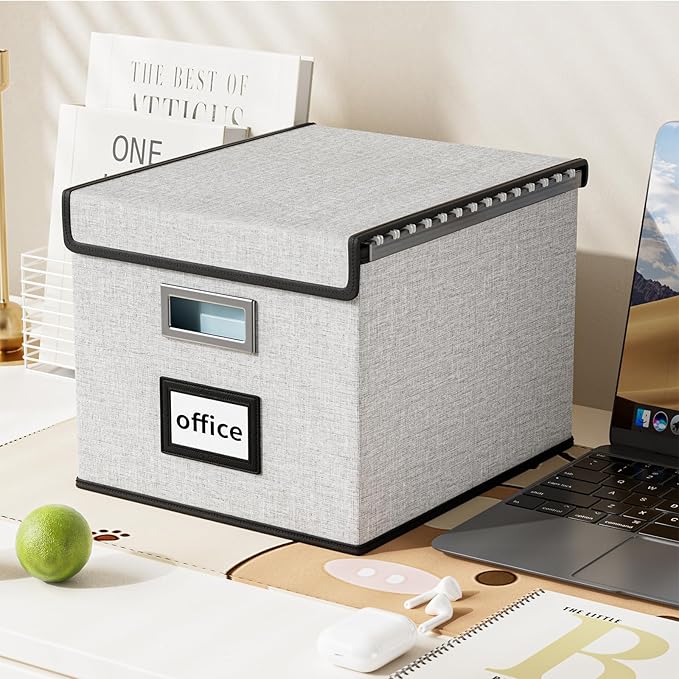 Huolewa File Organizer Box with Lid, Collapsible File Folder Organizer for Office Document Storage, Filing Box with Plastic S