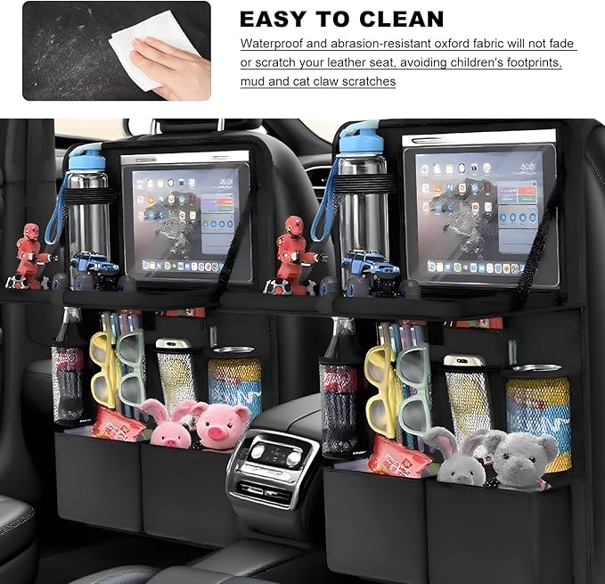 Car Backseat Organizer with Tray, Waterproof Back Seat Protector with Touch Screen Tablet Holder, 11 Storage Pockets Anti-Scratch Kick Mat Universal for Family Road Trips