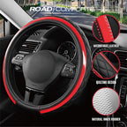 Road Comforts Leather Steering Wheel Cover – Black & Red Universal Fit 14.5-15 Inch, Microfiber Leather, Anti-Slip & Breathab