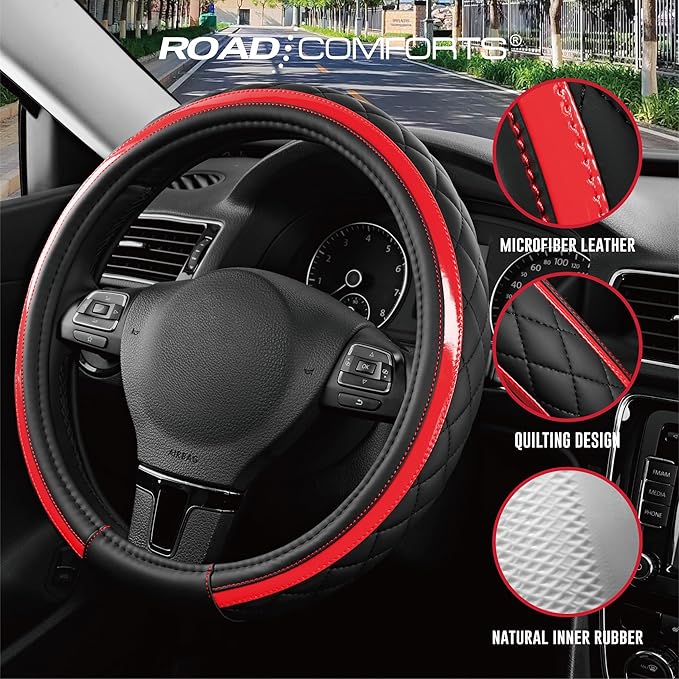 Road Comforts Leather Steering Wheel Cover – Black & Red Universal Fit 14.5-15 Inch, Microfiber Leather, Anti-Slip & Breathab