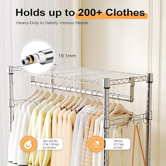 M MZG Heavy Duty Rolling Garment Rack 3 Tiers Adjustable Wire Shelving Clothes Rack with 2 Rods and Side Hooks,Storage Closet