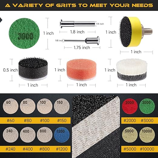 188 PCS 1 Inch Sanding Discs, GOH DODD Hook and Loop 60 to 10000 Grit Wet Dry Sandpaper Micro Sand Paper with 1/8" 1/4" Shank, Backing Pad, Polishing Pads, Foam Pads for Auto Metal Glass Resin Wood