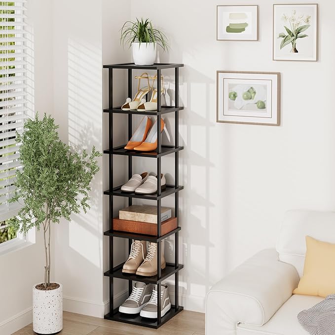 Vertical Tall Shoe Rack Organizer for Entryway -7 Tier Free Standing Slim Narrow Bamboo Wood Corner Stackable Shoe Boots Stor