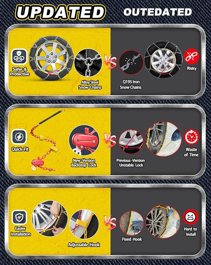 Snow-Chains Easy Install Tire-Chains, One-Pull Fit Design Tire Snow Chains for Passenger Cars, Sedan, SUVs, Emergency Winter 